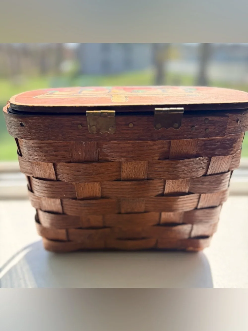 Vintage strawberry folk art hand painted woven wood picnic basket purse signed
